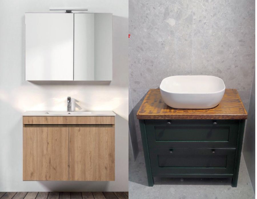 Σύγκριση έτοιμου και κατά παραγγελία επίπλου μπάνιου σε διαφορετικό σχεδιασμό και υλικά