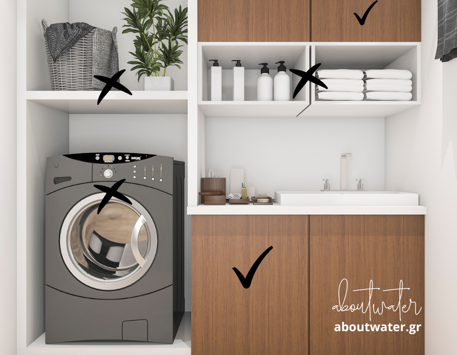 Μεγάλο έπιπλο τοίχου για αποθήκευση και οργάνωση στο μπάνιο με ράφια και ντουλάπια.