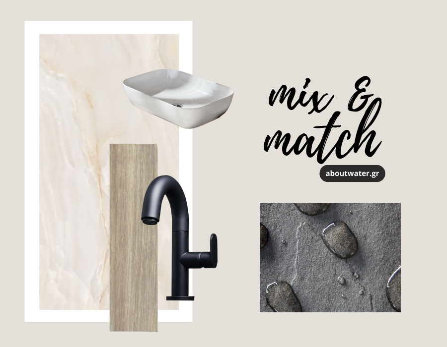 Συνδυασμοί υλικών όπως φαίνονται από αριστερά: μεγάλο πλακάκι 60x1,20 σε στυλ μάρμαρο, πλακάκι σε στυλ ξύλο, μάυρη ματ βρύση νιπτήρα επικαθήμενη, λευκός γυαλιστερός πορσελάνινος νιπτήρας και γκρι ντουζιέρα σε στυλ πέτρα.